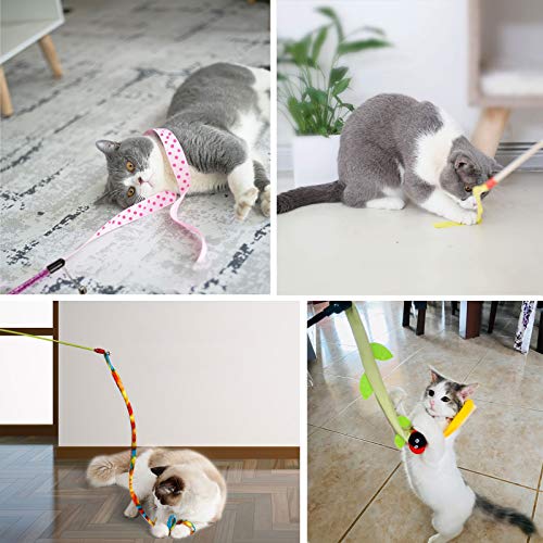 onebarleycorn – 8 Piezas Varita de Juguete para Gatos,Cinta de Tela Tease Cats Dancer Teaser Wand Kitten Interactivo Varilla Mascotas Coloridos Juguetes de Sonido