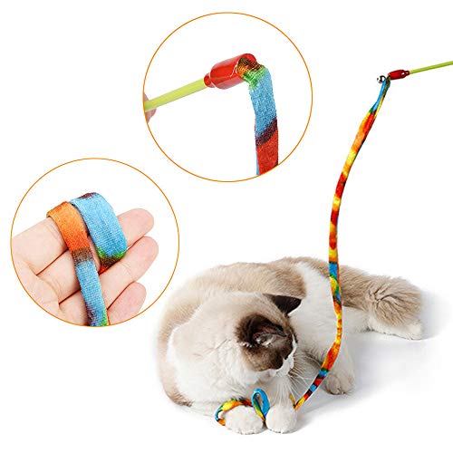 onebarleycorn – 8 Piezas Varita de Juguete para Gatos,Cinta de Tela Tease Cats Dancer Teaser Wand Kitten Interactivo Varilla Mascotas Coloridos Juguetes de Sonido