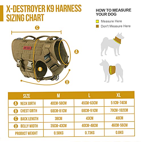OneTigris K9 X Destroyer - Arnés táctico para perro con 3 asas y hebillas de metal (M (1 unidad), color marrón Coyote