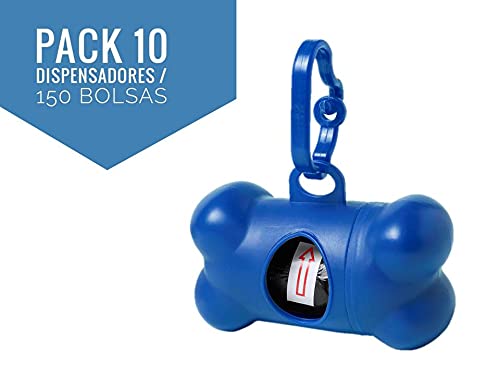 Pack 10 Dispensadores + 150 Bolsas para excrementos perros y mascotas. Colores. Bolsas Caca Perro. Portabolsas Heces (AZUL)