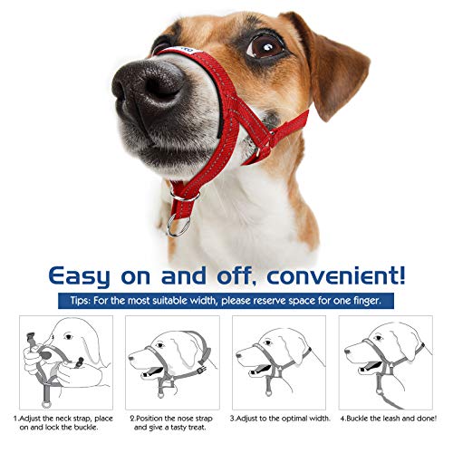 Pawaboo Cabestro de Perro - Adjustable Reflexivo Loop Pet Dog Head Halter de Nilón para Control de Mordida/Ajuste Fácil a la Boca, Talla M, Rojo
