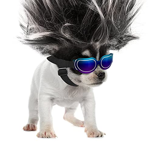 Pawaboo Gafas Reflectantes para Perros, Gafas de Sol con Arnés Ajustable, Impermeable Protector Ocular Protección UV Antivaho, Protección de Ojos para Perros Pequeños - Azul