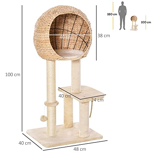 PawHut Árbol Rascador para Gatos Torre de Escalada con Plataformas Caseta Bola y Cuerda de Juego Poste de Sisal 48x40x100 cm Beige