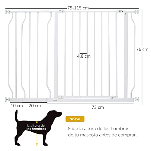 PawHut Barrera de Seguridad de Perros Extensible para Escaleras y Puertas 75-115 cm con 2 Extensiones de 10/20 cm Montaje a Presión Acero Altura 76 cm Blanco