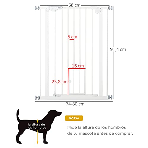 PawHut Barrera de Seguridad de Perros Mascotas 74-80 cm para Escaleras Puertas y Pasillo con Puerta para Gatos Cierre Automático y Sistema de Doble Bloqueo Altura 91,4 cm Blanco