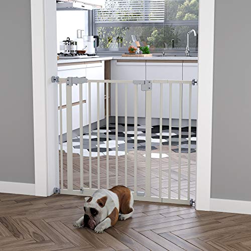 Pawhut Barrera de Seguridad Metálica para Puertas y Escaleras Mascotas Perros con Extensiones de 17,5 cm Sistema de Cierre Automático 74-97,5x76,2 cm Blanco