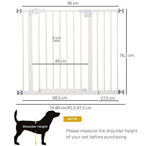 Pawhut Barrera de Seguridad Metálica para Puertas y Escaleras Mascotas Perros con Extensiones de 17,5 cm Sistema de Cierre Automático 74-97,5x76,2 cm Blanco