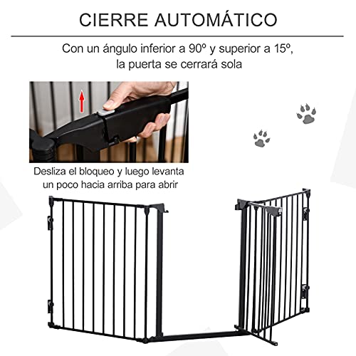 Pawhut Barrera de Seguridad para Mascotas Rejilla de Protección Plegable de 3 Paneles con Cierre Inteligente para Escalera Pasillo 180x74,5 cm Negro