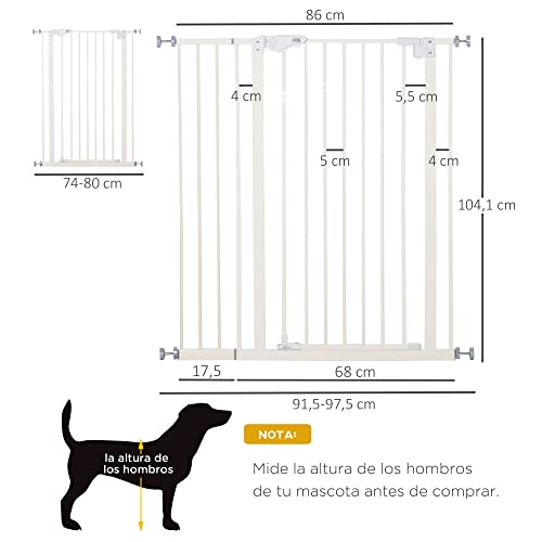 Pawhut Barrera de Seguridad para Puertas y Escaleras Barrera para Perros Mascotas con Cierre Automático Extensión 17,5 cm Montaje sin Agujeros Metal 92-102x104,1 cm Blanco