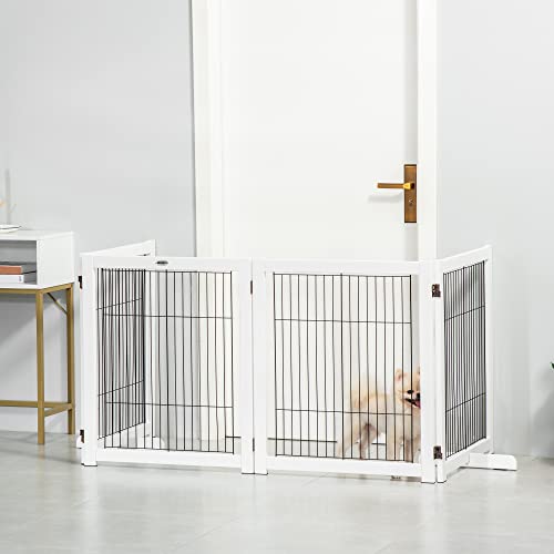 PawHut Barrera de Seguridad Plegable para Perros Madera Rejilla de Protección de 4 Paneles para Mascotas con Patas para Puertas Escaleras Pasillos 264x35,5x77 cm Blanco