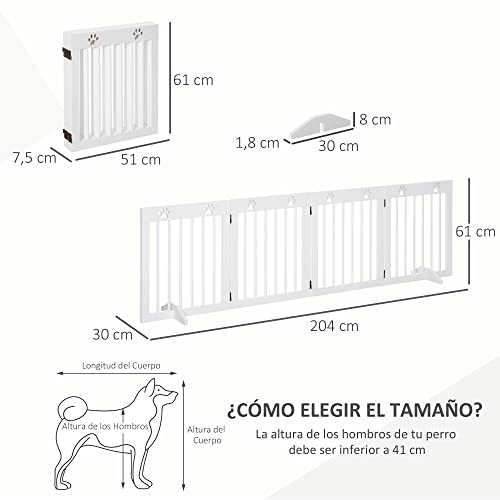Pawhut Barrera de Seguridad Plegable para Perros Reja de Protección de 4 Paneles con Patas para Puertas Escaleras Pasillos 204x30x61 cm Blanco