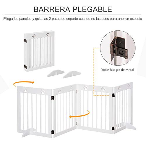 Pawhut Barrera de Seguridad Plegable para Perros Reja de Protección de 4 Paneles con Patas para Puertas Escaleras Pasillos 204x30x61 cm Blanco