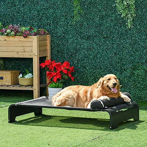 Pawhut Cama Elevada para Mascotas Perros Gatos Tela Transpirable con Almohada Extraíble Exterior Interior Jardín Terraza 122x72x30 cm Negro