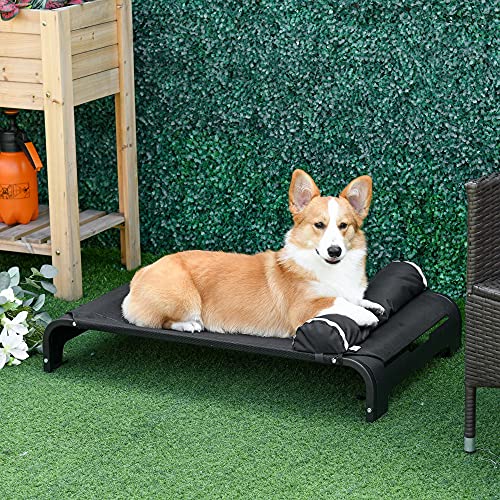 Pawhut Cama Elevada para Mascotas Perros Gatos Tela Transpirable con Almohada Extraíble Exterior Interior Jardín Terraza 91x60x23 cm Negro
