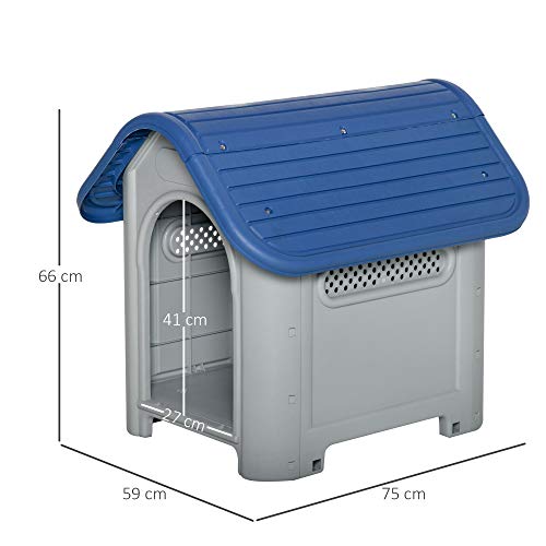 Pawhut Caseta para Perros Pequeños y Mini para Uso Interior y Exterior con respiraderos Estilo Cabaña Resistente 59x75x66 cm Azul y Gris