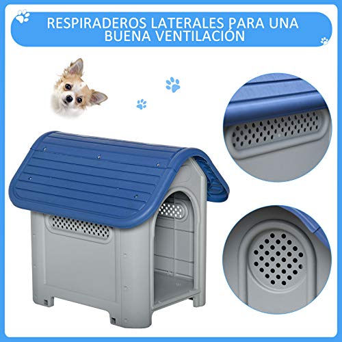 Pawhut Caseta para Perros Pequeños y Mini para Uso Interior y Exterior con respiraderos Estilo Cabaña Resistente 59x75x66 cm Azul y Gris