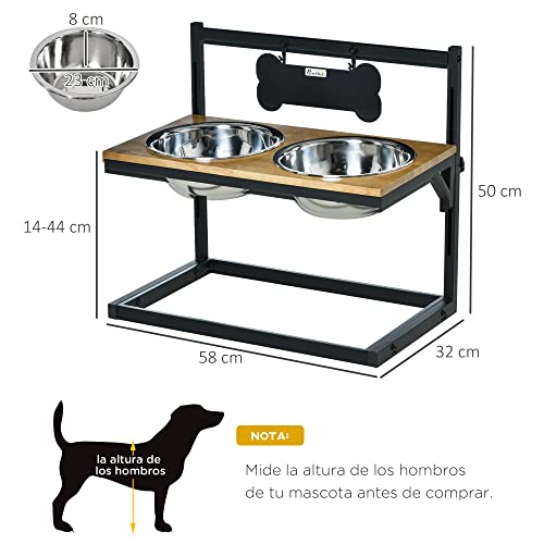 PawHut Comedero para Perros Elevado Altura Ajustable con 2 Cuencos de Acero Inoxidable Alimentador de Agua y Comida para Mascotas 58x32x50 cm Negro y Roble