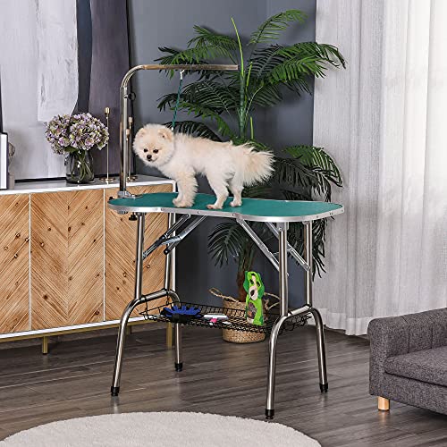 Pawhut Mesa de Aseo para Mascotas Plegable Mesa Peluquería Canina Altura Ajustable Forma de Hueso con Cesta Caucho Acero 94,5 x 55,3 x 80,6 cm Verde