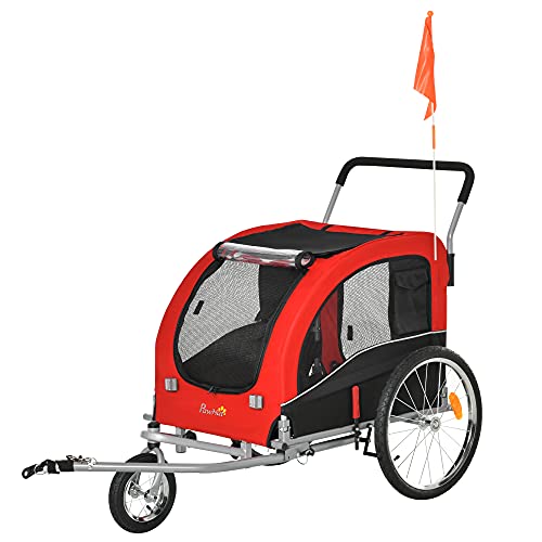 Pawhut Remolque de Bicicleta Perros Plegable Carrito de Transporte para Mascotas con 1 Bandera 4 Reflectores Enganche y Cubierta de Lluvia Tela Oxford 162x74x85 cm Rojo