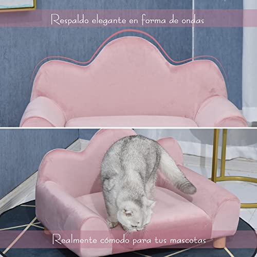 Pawhut Sofá para Mascotas Sofá Estilo Moderno para Gatos Perros Pequeños con Respaldo de 3 Ondulaciones Patas Elevadas de Madera 63x43x40 cm Rosa