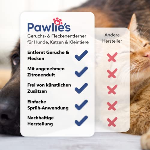Pawlie's® Neutralizador de olores para animales, eliminador de olores y manchas contra orina y saliva de perros y gatos, spray para mascotas para casa y coche, 150 ml