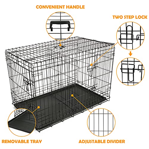 PAWOLOGY Caja de alambre para perros de 36 pulgadas con doble puerta divisora, plegable y portátil de metal plegable, resistente, bandeja extraíble, interior y exterior