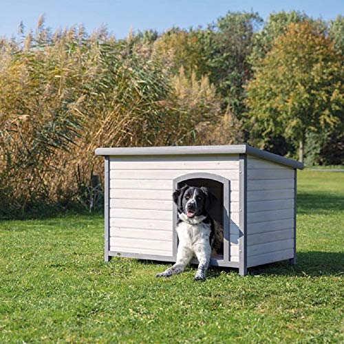 PaylesswithSS Caseta de madera para perros al aire libre plana con bisagras de fieltro clásico (tamaño ML: W 104 x D 68 x H 72 cm, gris)