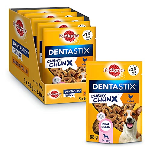 PEDIGREE Dentastix Chewy ChunX Snacks dentales para la limpieza bucal de tu Perro sabor Pollo, perros pequeños y medianos. (5 bolsitas x 68g)