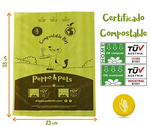 Peppo and Pets- 240 Bolsas Caca Perro -16 Rollos - Compostables - Fabricadas con almidón de maíz- Certificación ASTM D6400- Olor a Lavanda- Muy Resistentes- A Prueba de Fugas
