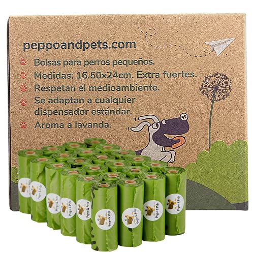 Peppo and Pets- 360 Mini Bolsas Caca Perro TAMAÑO PEQUEÑO -(24 Rollos) - Biodegradables- Muy Resistentes - Olor a Lavanda- Opacas- A Prueba de Fugas