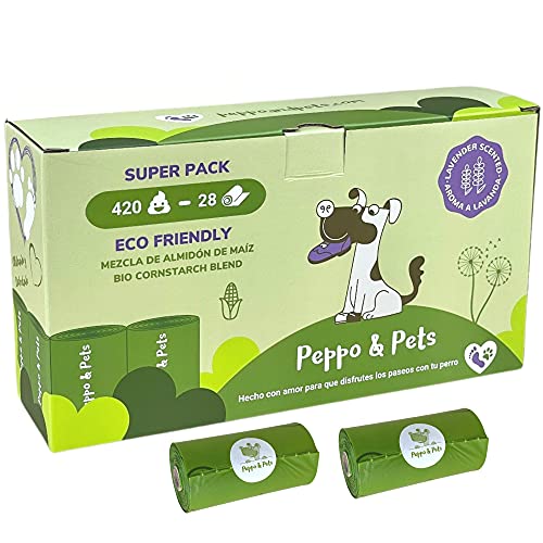 Peppo and Pets- 420 Bolsas caca perro- Mezcla de almidón de maíz- Aroma a lavanda- Muy resistentes- 15 bolsas en cada rollo