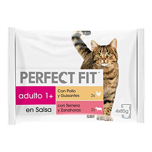 PERFECT FIT Comida Húmeda Natural para Gatos Adultos Sabor Pollo y Ternera (13 paquetes x 4 sobres x 85g)