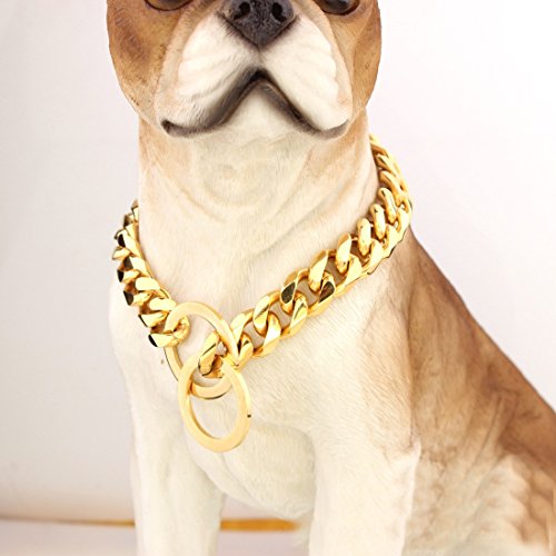 Pet Online Collar de perro de acero inoxidable pulido espejo p vacío cadena collar de cadena de acero titanio metallizing mascota perro formación correa collar de remolque 12mm Gold , de 32 pulgadas