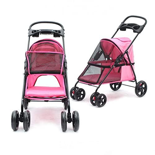 Pet Stroller Dog Stroller One-Click Folding Pet Travel Carrier with Removable Liner Storage Basket Breathable Mesh (Color : Red) (Pink)