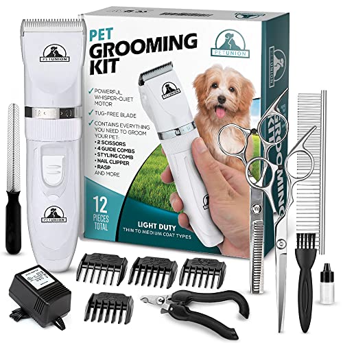 Pet Union Professional Dog Grooming Kit - Cortapelos recargables e inalámbricos para mascotas y juego completo de herramientas para el cuidado de perros. Poco ruido y apto para todas mascotas (blanco)