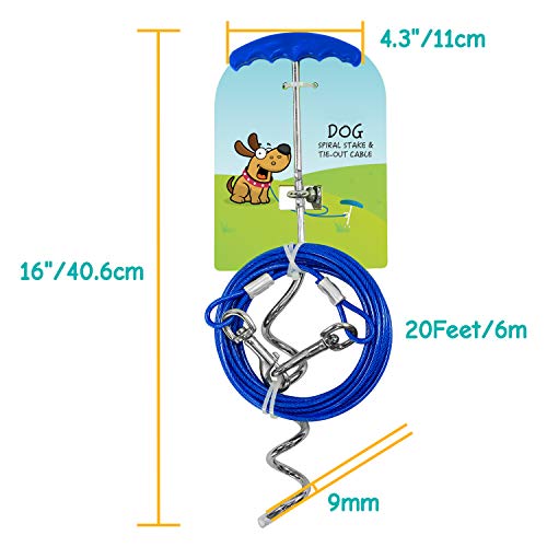 Petphabt - Cable de amarre para perro (6 m), resistente con estaca de tierra en espiral de 40,6 cm, para cachorro, mascota al aire libre, correa de plomo azul