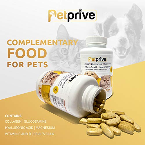 Petprive Suplemento Natural Antiinflamatorio Condoprotector para Perros y Gatos con Colágeno Hidrolizado, Glucosamina, Ácido Hialurónico, Magnesio, Vitamina C y D y Garra del Diablo