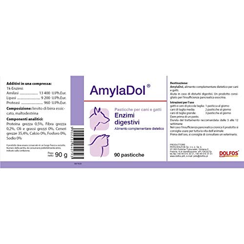 Pets Dolfos AmylaDol 90 comprimidos Enzimas digestivos Naturales: Amilasi, lipasos y Proteasas. Alimento complementario dietético en caso de trastornos digestivos de perros y gatos