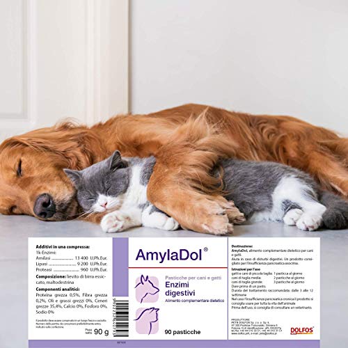 Pets Dolfos AmylaDol 90 comprimidos Enzimas digestivos Naturales: Amilasi, lipasos y Proteasas. Alimento complementario dietético en caso de trastornos digestivos de perros y gatos
