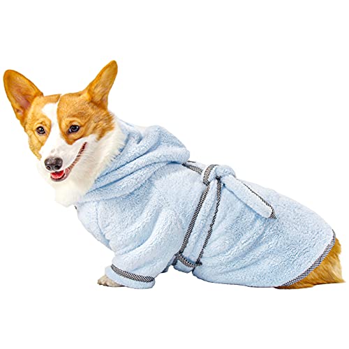 PETTOM Albornoz para Perro, Secado Rápido de Microfibra Secador Perro Toalla, con Cinturón de Cintura Ajustable, Baño Gatos Lavable Pijamas para Mascotas (M, Azul Claro)