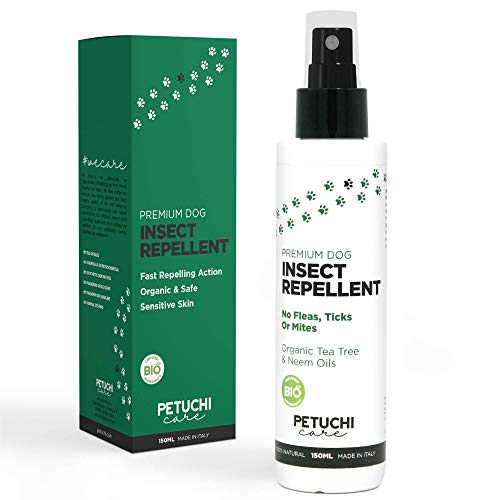 PETUCHI Spray Repelente de Insectos para Perros y Cachorros; Hipoalergénico, 100% Natural con Aceites de Árbol de Té y Neem; 150ml