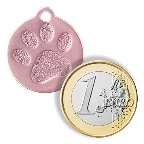 Placa Redonda con Huella para Mascotas pequeñas-Medianas Chapa Medalla de identificación Personalizada para Collar Perro Gato Mascota grabada (Rosa)