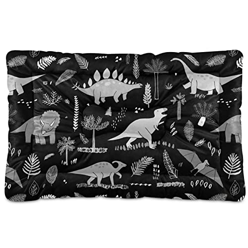 Poeticcity Alfombra de cama de dinosaurios con hojas de palma del bosque en color negro, cojín de colchón suave para mascotas pequeñas y medianas, antideslizante, lavable y seco, de 24 x 18 pulgadas