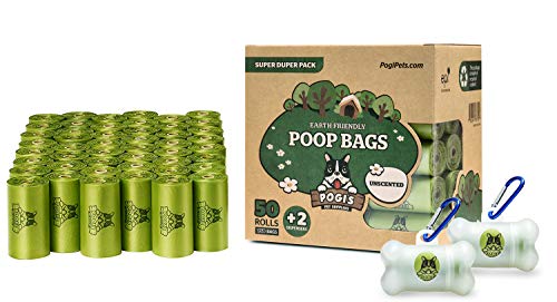 Pogi's Poop Bags - Bolsas para excremento de Perro + 2 dispensador - 50 Rollos no perfumados (750 Bolsas) - Grandes, Biodegradables, Herméticas