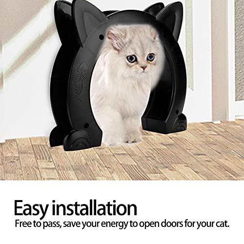 Puerta para gatos, diseño sin barreras, interior con forma de cabeza de gato, puerta de plástico para paso de gato con patrón de hueso de pez, para gato(Negro)