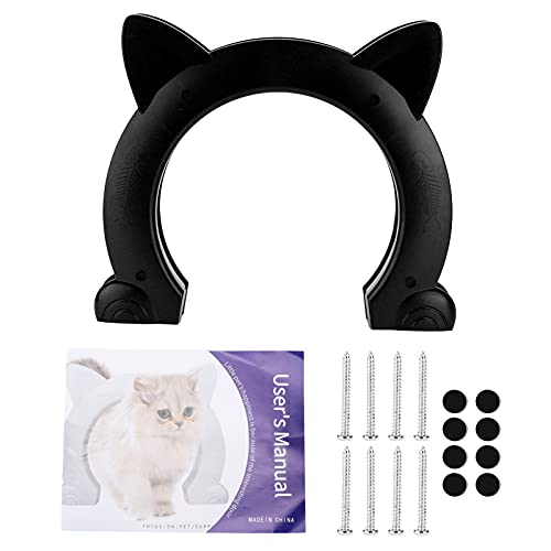 Puerta para gatos, diseño sin barreras, interior con forma de cabeza de gato, puerta de plástico para paso de gato con patrón de hueso de pez, para gato(Negro)