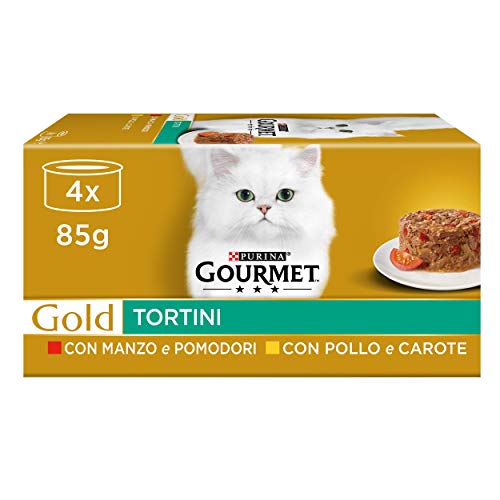 PURINA Gourmet Gold Humido Gato Tortini con Pollo y Zanahorias, con Tanzero y Tomates - 48 latas de 85 g Cada una (12 Paquetes de 4 x 85 g)