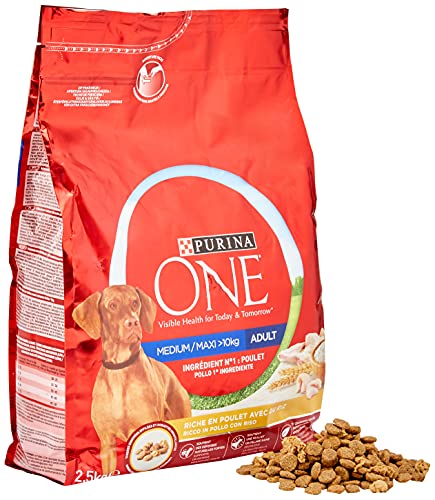 Purina One Medio/Maxi croquetas para Perro Adulto Rico en Pollo con arroz, 4 Bolsas de 2,5 kg Cada uno