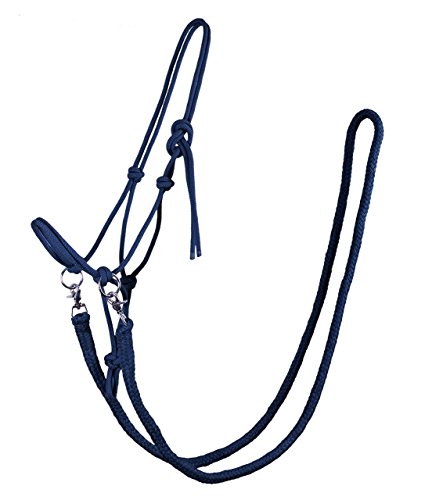 QHP Cabestro de nudos con riendas, resistente cuerda de 10 mm de grosor y tamaños (sangre total, azul marino)