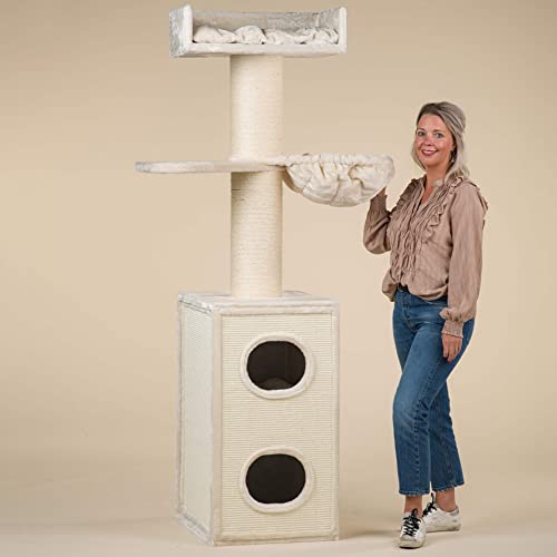 RHRQuality Maine Coon Tower Box Comfort - Rascador para gatos, color crema con tronco de 20 cm de diámetro